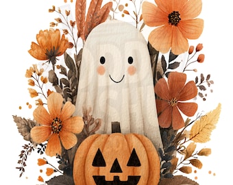 Floral Ghost Pumpkin Halloween Print: Whimsical Spooky Season (PNG Digital Download)