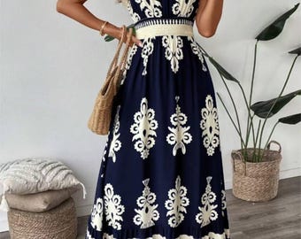 Floral Boho Dress Summer Dress – Printed V Neck Ruffle Sleeve Casual Midi Dress for Women