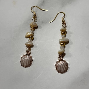 Coastal Shell Drop Earrings: Gold Plated Sterling Silver, Pearl & Stone