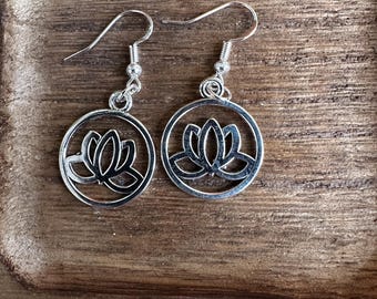 Sterling Silver Lotus Flower Dangle Earrings: Boho Spiritual Jewelry