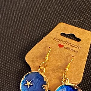 Celestial Blue Moon & Star Dangle Earrings- Gold Trimmed Handmade Charm Jewelry