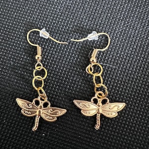 Golden Dragonfly Dangle Earrings-Nature Inspired Lightweight Handmade Jewelry