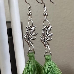Boho Green Tassel Earrings: Sterling Silver Leaf Charm Dangle