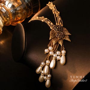 Vintage Gold Rose Pearl Necklace & Earrings Set: Baroque Floral Jewelry