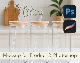 Mockup di lattina di vetro per Procreate e Photoshop, per sublimazione, file digitali, download immediato, esposizione del prodotto, licenza commerciale, prodotto