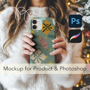 May include: A phone case with a festive Christmas design. The case is green with illustrations of wrapped gifts, ornaments, and stars. The text "Mockup for Product & Photoshop" is displayed at the bottom. The image also includes the Photoshop and Procreate logos.
