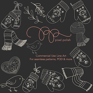 May include: Line art illustrations of winter accessories and elements, including mittens, scarves, a heart, birds, and sprigs. The text "pixel polish" and "Commercial Use Line Art" are also included. The designs are in white on a dark background.