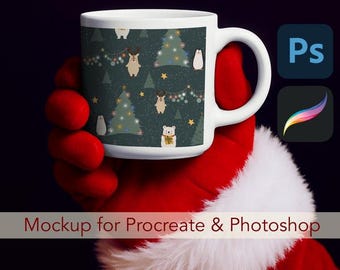Mock-up di tazza da caffè natalizia per Procreate e Photoshop, sublimazione, file digitali, download immediato, esposizione del prodotto, licenza commerciale