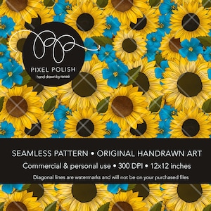 Modèle sans couture dessiné à la main, tournesols et myosotis, modèle numérique pour tissu, emballage cadeau, scrapbooking, avec licence commerciale