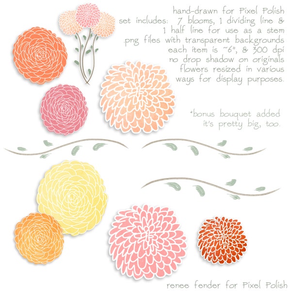 Hand Drawn Clipart, Clip art, Scrapbooking, Greeting Cards, Dahlias, Floral Spring instant download