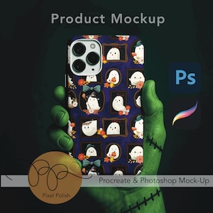May include: A phone case with a Halloween-themed design featuring cartoon ghosts in picture frames on a dark blue background. The case is held by a green hand with stitches. The words "Product Mockup", "Pixel Polish", and "Procreate & Photoshop Mock-Up" are visible.