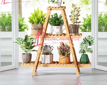 Plant Stand Indoor Plant Shelf Outdoor bamboo Plant Rack, 3 Tiers Ladder Plant Holder Flower Stand for Living Room (Natural)