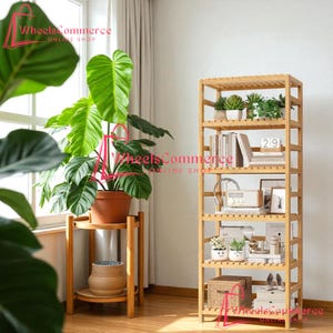 May include: A tall, light-brown wooden bookshelf with multiple shelves, displaying potted plants, books, and decorative items. A large potted plant sits on a matching wooden plant stand. The scene is bathed in natural light, creating a warm and inviting atmosphere.