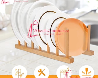 Bamboo Wooden Dish Racks Plate Stand Holder Vertical Drainer Kitchen Cabinet Organizer for Dishes, Pots, Lids, Bowls, Cups (2 Packs)