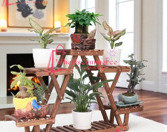 Wood Plant Stand Indoor, 6 Tiered Plant Shelf for Multiple Plants A Shape Corner Flower Pot Holder for  Living Room (Retro, Wooden)
