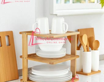 3-Tier Bamboo Corner Shelf Dimensions of 10 x 10 inches and a height of 11.5 inches. Kitchen Cabinet Organizer