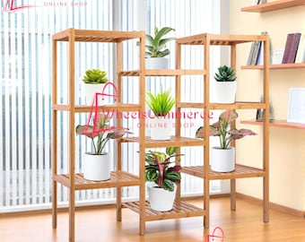 Bamboo 9 Tier Plant Stand - Free-standing storage shelves for several potted plants, corner shelf house accessories for indoor and outdoor