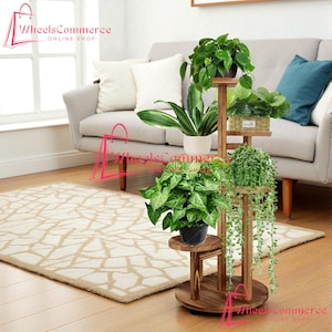 May include: A multi-tiered, dark wood plant stand with several potted plants. The stand has a circular base and multiple shelves of varying sizes. The plants include trailing vines and leafy green plants. The stand is in a living room setting.