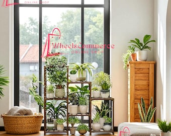 3-Tiered Wooden Plant Rack for Indoor/Outdoor Use, Boho Home Decor and Gardening, Ladder Plant Holder for Living Room and Patio