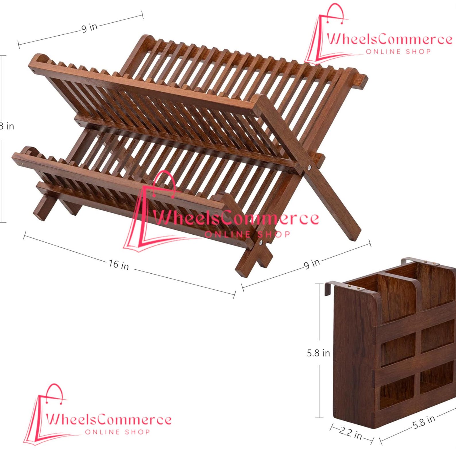 Dish Rack, Teak Folding 2-Tier Collapsible Drainer Dish Drying Rack with Utensils Flatware Holder Set