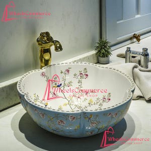 May include: A decorative, oval-shaped ceramic sink with a floral design. The sink features a light blue exterior with a pattern of pink roses and green leaves. The interior is white with the same floral pattern. A gold faucet is visible.