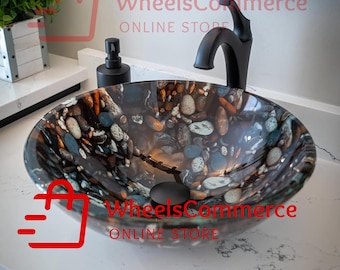 Natural Pebble Pattern Round Glass Sink Bowl Bathroom Vessel Sink for Vanity Top