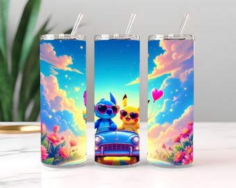 Stitch y Pikachu pasando un día divertido, diseño hermoso y colorido — Envoltura de sublimación de vaso recto delgado de 20 oz / Descarga digital PNG
