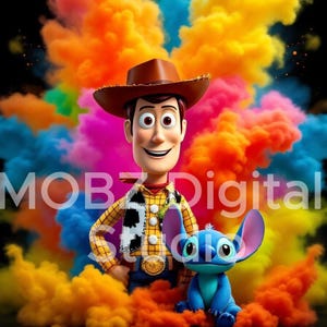 Puede incluir: Obra de arte digital con Woody de Toy Story y Stitch de Lilo & Stitch, sobre un vibrante fondo de humo colorido. Woody lleva un sombrero de vaquero y un chaleco. Stitch es azul. El texto "MOBZ Digital" es visible.