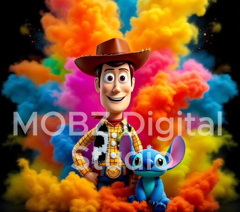 Puede incluir: Obra de arte digital con Woody de Toy Story y Stitch de Lilo & Stitch, sobre un vibrante fondo de humo colorido. Woody lleva un sombrero de vaquero y un chaleco. Stitch es azul. El texto "MOBZ Digital" es visible.