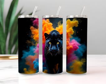 Hermosa pantera negra con nubes de humo de colores vivos. Diseño de sublimación de vaso delgado de 20 oz. Descarga digital PNG instantánea SOLO DIGITAL.