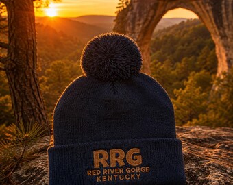 RRG beanie, Red River Gorge toboggan, hiking, climbing Kentucky gift Pom-Pom Knit Cap (Embroidery)