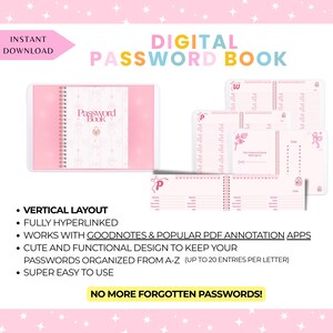 May include: A digital password book with a pink cover and interior pages. The cover features the text "Password Book" and a lock illustration. The book is designed with a vertical layout and is fully hyperlinked.