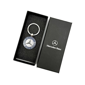 Luxury Mercedes Benz Blue and Silver Emblem Keychain – Premium Polished Metal Key Ring with Gift Box for Car Enthusiasts