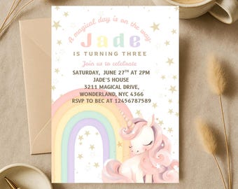 Bearbeitbare Einhorn Geburtstagseinladung - Canva Vorlage - Pastell Regenbogen Fee Party einladen - Digitaler Download