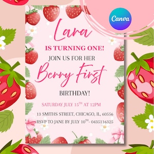 Strawberry Theme Birthday Invitation Template for Girls - Pink Birthday Fun! | 1st Birthday | Canva Editable Template