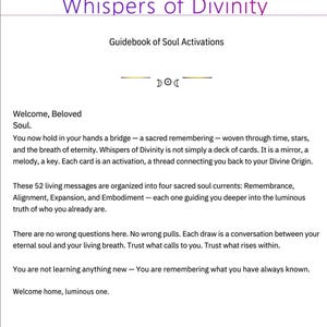 May include: A white page with the title "Whispers of Divinity" in purple script. The text below reads "Guidebook of Soul Activations." The page contains text about soul activations and guidance, with the words "Welcome, Beloved Soul."