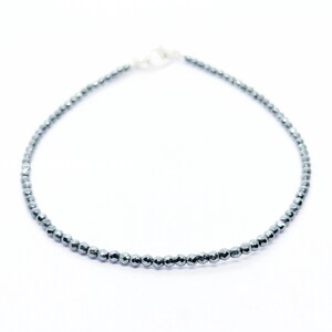 Hematite Bracelet 2mm Tiny Faceted Beads, Sterling Silver Clasp, Minimalist Metallic Jewelry, Grounding Protection Gift for Her