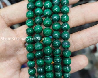 AAA Green Malachite Beaded Necklace: 8mm Natural Gemstone, Sterling Silver