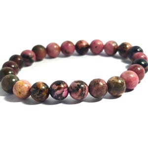 Natural Rhodonite Gemstone Bracelet: Sterling Silver Accents, 8mm Beads