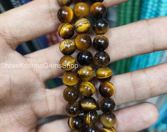 Tiger's Eye Beaded Necklace: 8mm Natural Gemstone, Sterling Silver Clasp