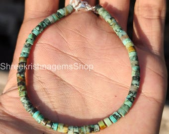 Green Turquoise Bracelet 4mm Smooth Rondelle Beads, Sterling Silver Clasp, Dainty Gemstone Jewelry, Boho Crystal Gift for Her