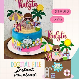 Poolparty födelsedagstårtdekoration 3D – Redigerbar digital fil, sommarpooltema, anpassat namn och ålder SVG STUDIO