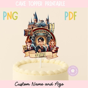 May include: A cake topper with a fantasy theme, featuring three illustrated characters in school uniforms, with a castle and train station in the background. The topper has the text "Platform 9 3/4" and "Abel" on a banner. The words "PNG" and "PDF" are also visible.