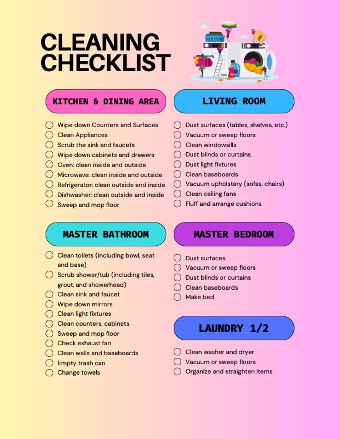 Printable Cleaning Checklist | Room-by-room House Cleaning Planner