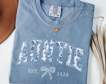 Comfort Colors® Auntie Est 2026 Shirt, Chinoiserie Coquette Bow Tee, New Aunt Gift, Pregnancy Announcement Reveal, Gift For Aunt To Be