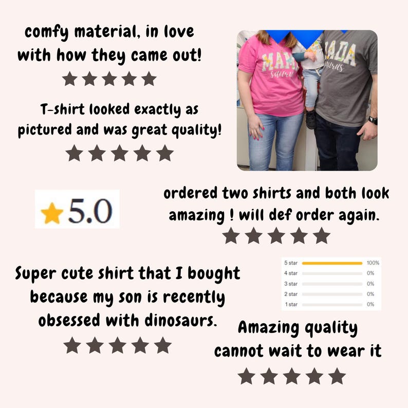 May include: Image shows two people wearing t-shirts. One shirt is pink with "MAM" printed on it, and the other is gray with "ADA" printed on it. The image also includes customer reviews with a 5-star rating and text about the shirts' quality.