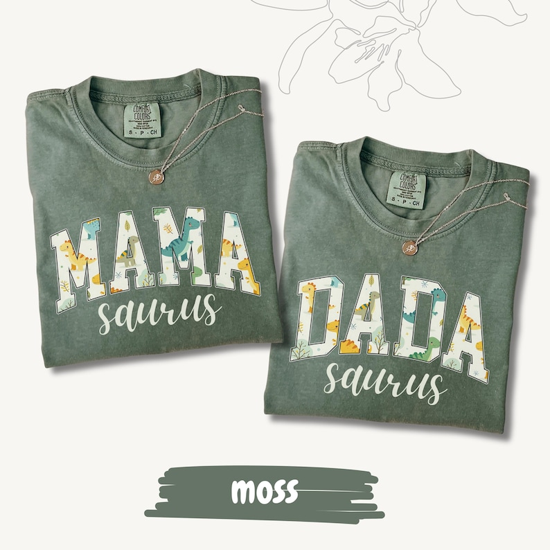 Matching Comfort Colors® Mamasaurus and Dadasaurus shirts with colorful dinosaur print text, perfect for family birthdays or gifts.