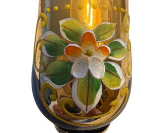Vasos de arte vintage morados pintados a mano con flores de esmalte dorado, juego de 12 piezas