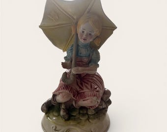 Figura vintage de porcelana bizcochada italiana Capodimonte de niña con paraguas.