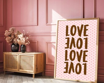 Pink & Brown Polka Dot Love Print: Trendy Dorm Room Decor (Digital Download)